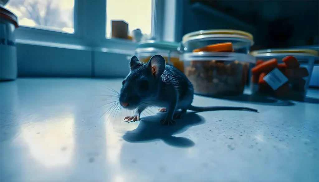 House mouse in a suburban kitchen during COVID-19 lockdown, searching for food.