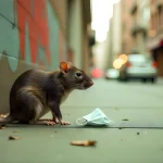 Urban rat in deserted city street during COVID-19 lockdown.